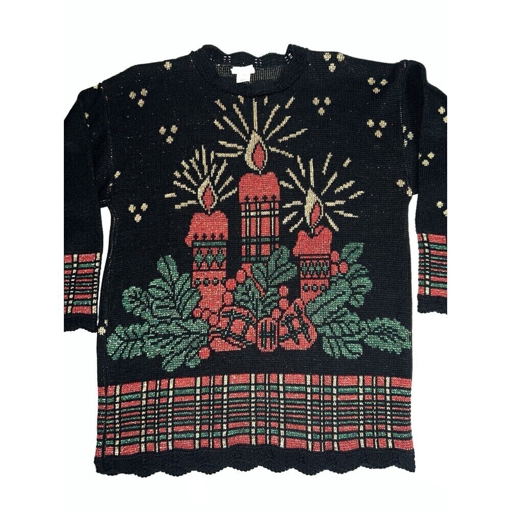 Christmas Knitted Sweater Black Candles Metallic Thread SZ Small Ugly Sweater - Picture 1 of 6